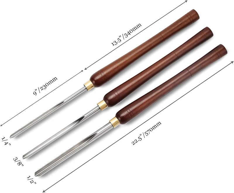 Urbansential Woodturning Bowl Gouge Set, 3 Pieces 22.5” Wood Lathe Bowl Turning Tools, 1/4 Flute, 3/8 Flute, and 1/2 Flute, with High Speed Steel Blades, Beech Handles and Brass Ferrules, in Wooden Storage Case - Image 2